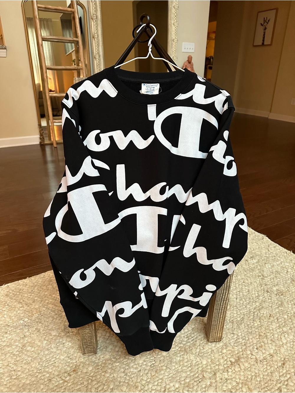 Champion Black Crewneck Sweatshirt with White All-Over Script